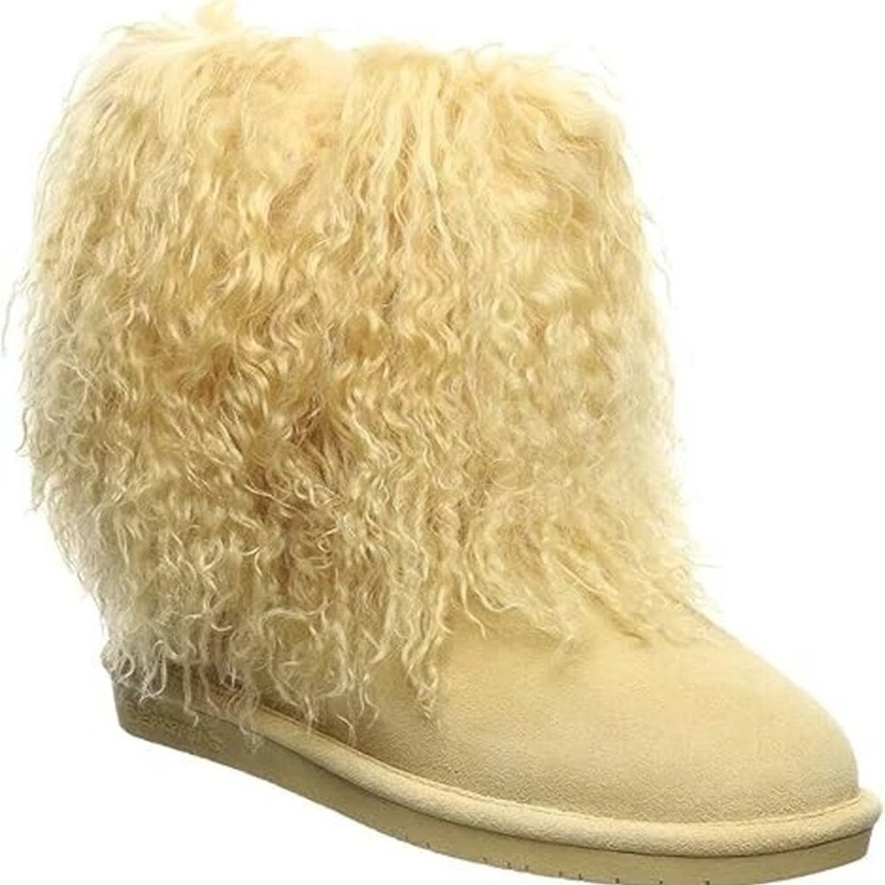 Bearpaw Boo Tan Beige Shearling Wool Curly Lamb Fur Mongolian Sherpa Boots 7 NEW